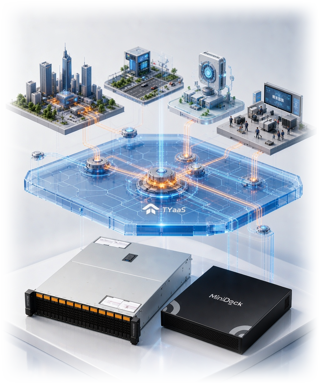 Integrated hardware-software architecture: hardware layer → TYaaS Platform layer → industry application layer