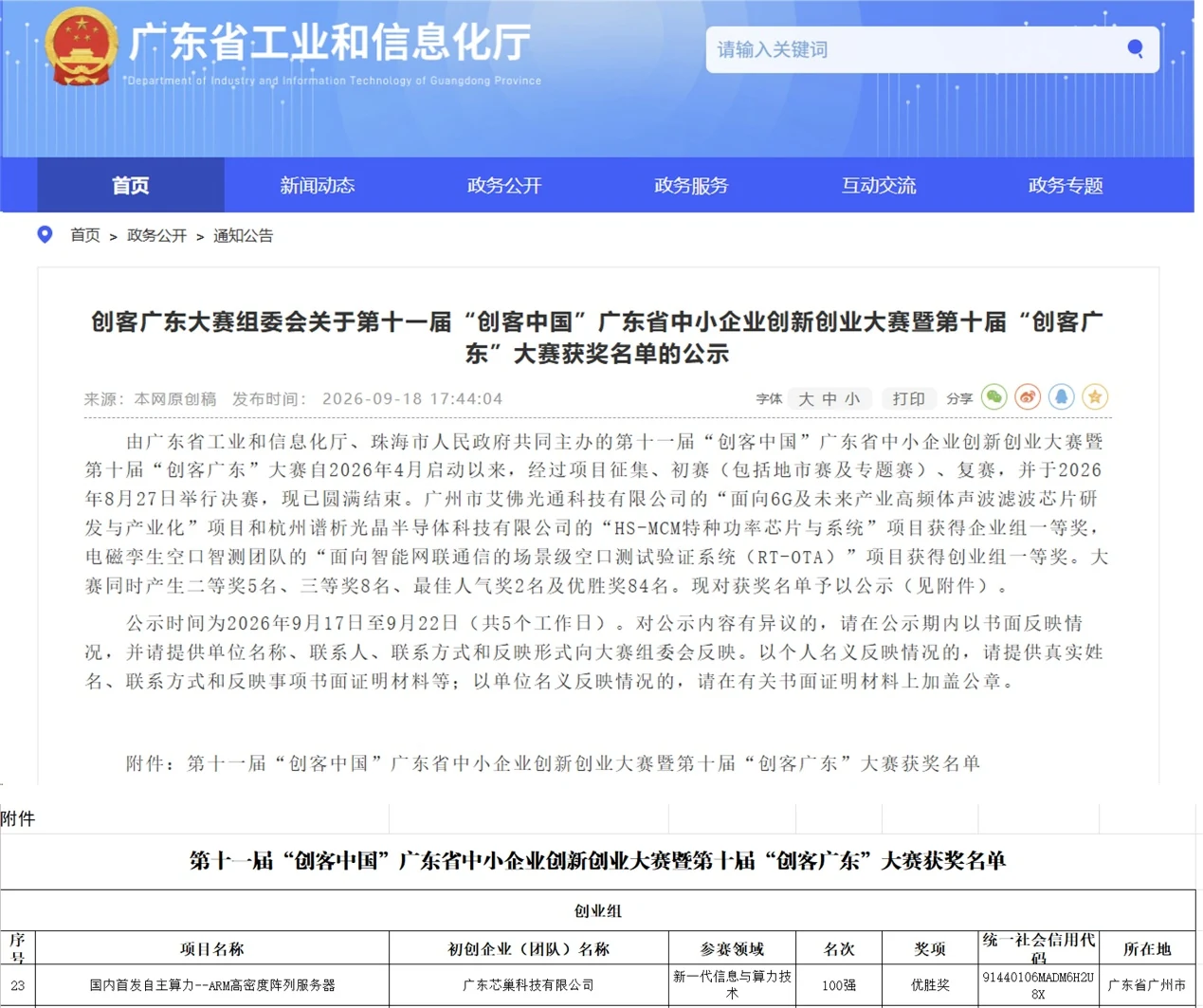 Award list notice page of the Guangdong Department of Industry and Information Technology (published 18 September 2026)